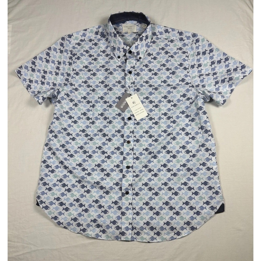 Construct Slim Fit 4 Way Stretch Mens XL NWT. White Fish Print Button Down SS - Picture 2 of 8